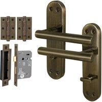 AFIT T-Bar Antique Brass Bathroom Backplate Lock 64mm Hinges Set in Bronze | Size: 150mm x 150mm