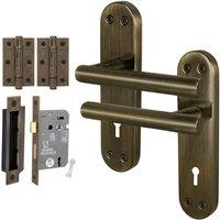 AFIT T-Bar Antique Brass Lock Backplate 64mm Hinges Handle Set in Bronze | Size: 150mm x 150mm