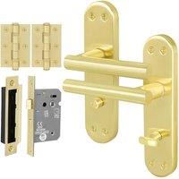 AFIT T-Bar Satin Brass Bathroom Backplate Lock 64mm Hinges Set in Gold | Size: 150mm x 150mm