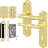 AFIT T-Bar Satin Brass Lock Backplate 64mm Hinges Handle Set in Gold | Size: 150mm x 150mm