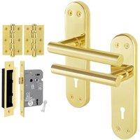 AFIT T-Bar Polished Brass Lock Backplate 64mm Hinges Handle Set in Gold | Size: 150mm x 150mm