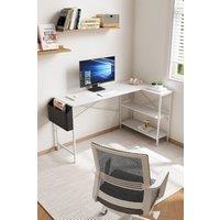 H&O Direct White L-Shaped Office Desk with Hanging Storage Bag & Shelves