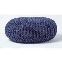 Homescapes Large Round Cotton Knitted Pouffe Footstool in Navy