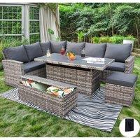 Furniture Maxi Rosen 9 Seater Rattan Garden Dining Set With Storage Bench & Stool in Grey