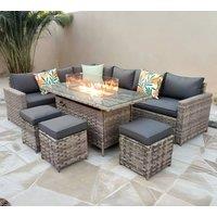 Furniture Maxi Barcelona Rattan Garden Furniture 9 Seater Corner Sofa Set with Fire pit Dining Table in Grey