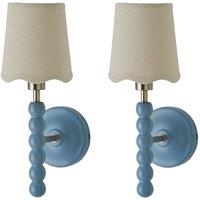 ValueLights Bobbins Pair of Pastel Wall Lights & Natural Linen Trim Lamp Shades in Pale Blue