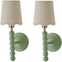 ValueLights Bobbins Pair Pastel Wall Lights & Natural Lamp Shades & Bulbs in Pale Green