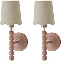 ValueLights Bobbins Pair Pastel Wall Lights & Natural Lamp Shades & Bulbs in Pale Pink