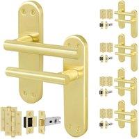 AFIT T-Bar Satin Brass Latch Backplate Handles & Hinges x5 Pair in Gold | Size: 150mm x 150mm