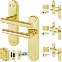 AFIT T-Bar Polished Brass Latch Backplate Handles & Hinges x4 Pair in Gold | Size: 150mm x 150mm