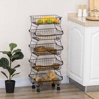HOMCOM 5 Tier Storage Trolley Cart Vegetable Rack with Wheels for Kitchen in Black