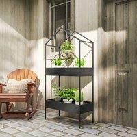 OUTSUNNY 2 Tier Plant Stand, Outdoor Indoor Metal Plant Stand with Hook in Black