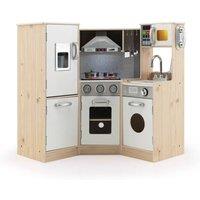 Costway Corner Play Kitchen Wooden Kitchen Playset 9 IN 1 Pretend Cooking Toy Realistic Sounds in Natural