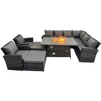 Fimous Rattan Corner Sofa Chair Set Gas Fire Pit Table with 2 Big Footstools in Dark Grey