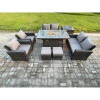 Fimous Wicker PE Rattan Garden Furniture Sets 8 Seater Patio Outdoor Gas Firepit Dining Table Heater Set with Double Seat Sofa in Dark Grey