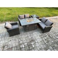 Fimous Rattan Outdoor Garden Furniture Gas Fire Pit Table Sets Gas Heater with Love Sofa Armchair Side Table 5 Seater in Dark Grey