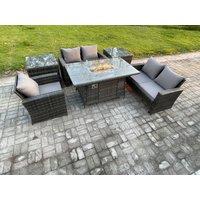 Fimous Rattan Outdoor Garden Furniture Gas Fire Pit Table Sets Gas Heater with Love Sofa Armchair 2 Side Tables 5 Seater in Dark Grey