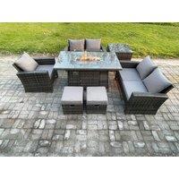 Fimous Rattan Outdoor Garden Furniture Gas Fire Pit Table Sets Gas Heater with Love Sofa Armchair Side Table 2 Small Footstools 7 Seater in Dark Grey