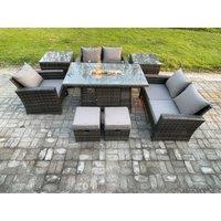 Fimous 7 Seater Rattan Outdoor Garden Furniture Gas Fire Pit Table Sets Gas Heater with Love Sofa Armchair 2 Small Footstools 2 Side Tables