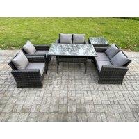 Fimous Rattan Garden Furniture Set 6 Seater Patio Outdoor Lounge Sofa Set with Oblong Dining Table Double Seat Sofa Side Table in Dark Grey