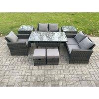 Fimous Outdoor Garden Dining Set Wicker PE Rattan Furniture Sofa with Dining Table Double Seat Sofa 2 Side Tables 2 Small Footstools in Dark Grey
