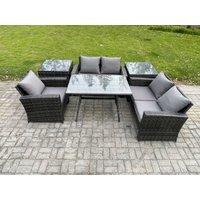 Fimous Wicker PE Rattan Garden Dining Set Outdoor Furniture Sofa with Rectangular Dining Table Love Seat Sofa 2 Side Tables in Dark Grey