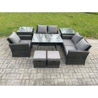 Fimous Garden Dining Set Wicker PE Rattan Outdoor Furniture Sofa with Rectangular Dining Table Double Seat Sofa 2 Side Tables 2 Small Footstools