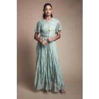 Oasis Women's Angel Sleeve Lace Bridesmaid Dress in Sage | Size: 14