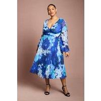 Coast Women's Plus Size Printed Floral Pleated Long Sleeve Midi Dress in Cobalt | Size: 24