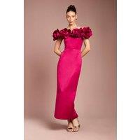 Coast Women's 3D Corsage Structured Satin Maxi Dress in Berry | Size: 14