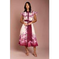 Coast Women's Petite Placement Print Frill Midi Dress in Berry | Size: 6