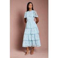 Coast Women's Petite Tiered Lace Dress With Flutter Sleeve & Trims in Pale Blue | Size: 10