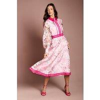 Coast Women's Printed Organza Contrast Collar Lace Trim Midi Dress in Pink | Size: 14