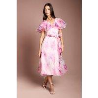 Coast Women's Printed Organza Ruffle Sleeve Midi Dress in Pink | Size: 14