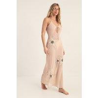 NastyGal Women's Flower Embellished Tie Front Maxi Beach Dress in Nude | Size: 14