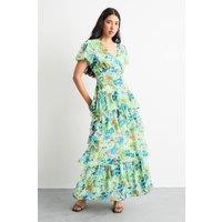 Warehouse Women's Floral Dropped Waist Puff Sleeve Tiered Midi Dress in Green | Size: 14