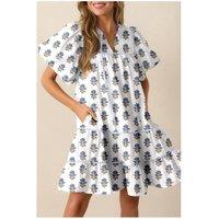 Everyday The Label Women's Sky Blue Floral Puff Sleeve Tied Neck Pocketed Mini Dress in White | Size: XL