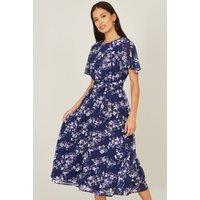 Yumi Women's Navy Blossom Print Midi Skater Dress With Angel Sleeves | Size: 16