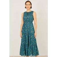 Yumi Women's Teal Foil Print Ruched Waist Midi Dress With Tie Notch Neckline | Size: 10