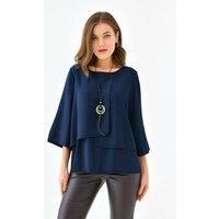 HOXTON GAL Women's Oversized Women Layered Blouse with 3/4 Sleeve & Necklace in Navy | Size: 8-10