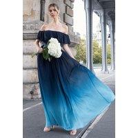 Goddiva Women's Ombre Chiffon Bardot Frill A line Maxi Dress in Navy | Size: 12