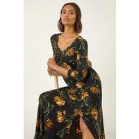 Roman Women's Floral Print Ruched Stretch Midi Dress in Yellow | Size: 14