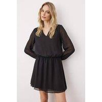 WOVCOR Women's V Neck Long Sleeve Mini Woven Dress with Chiffon Skirt in Black | Size: 8