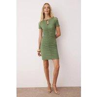 WOVCOR Women's Round Neck Short Sleeve Draped Mini Knit Dress with Hardware Detail in Khaki | Size: XS