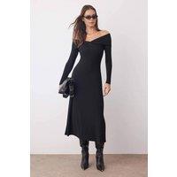WOVCOR Women's Off the Shoulder Long Sleeve A-Line Stretch Knit Midi Dress in Black | Size: Large