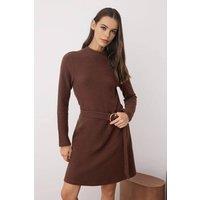 WOVCOR Women's Skater Belt Detail Mini Knitted Dress with Long Sleeves in Brown | Size: Medium