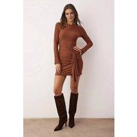 WOVCOR Women's Drape Detail Bodycon Mini Stretch Knit Dress with Long Sleeves in Brown | Size: XS