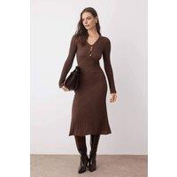 WOVCOR Women's Ribbed Knit V-Neck Maxi A-Line Dress in Brown | Size: Large