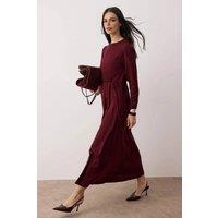 WOVCOR Women's Belted Pleated Long Sleeve Knit Midi Dress in Burgundy | Size: Large