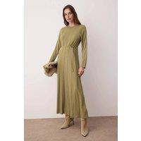 WOVCOR Women's Belted Pleated Long Sleeve Knit Midi Dress in Khaki | Size: Medium